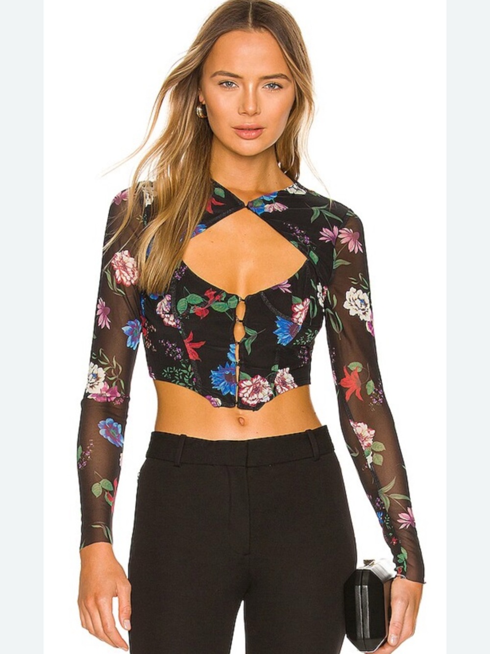 REVOLVE Black Floral Cutout Mesh Crop Top
